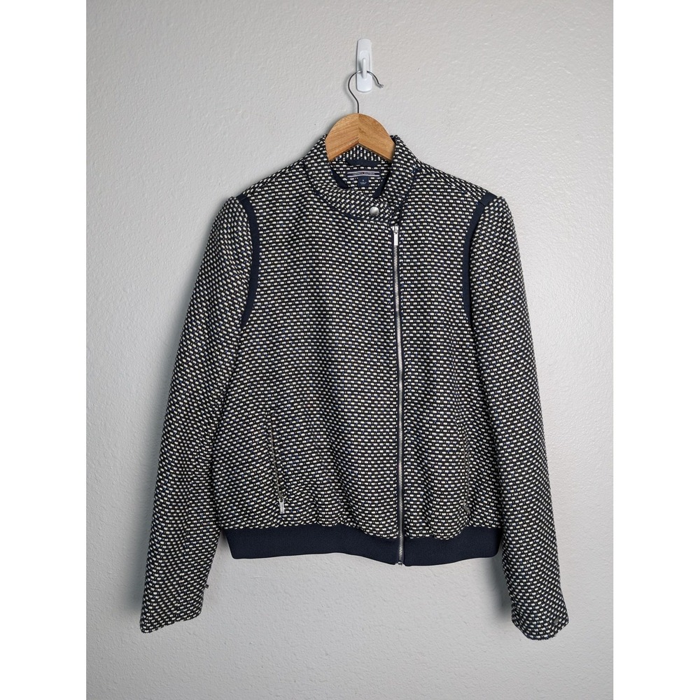Tommy Hilfiger Jacket Womens 8 Blue Geometric Tweed Biker Zip Pockets Lined